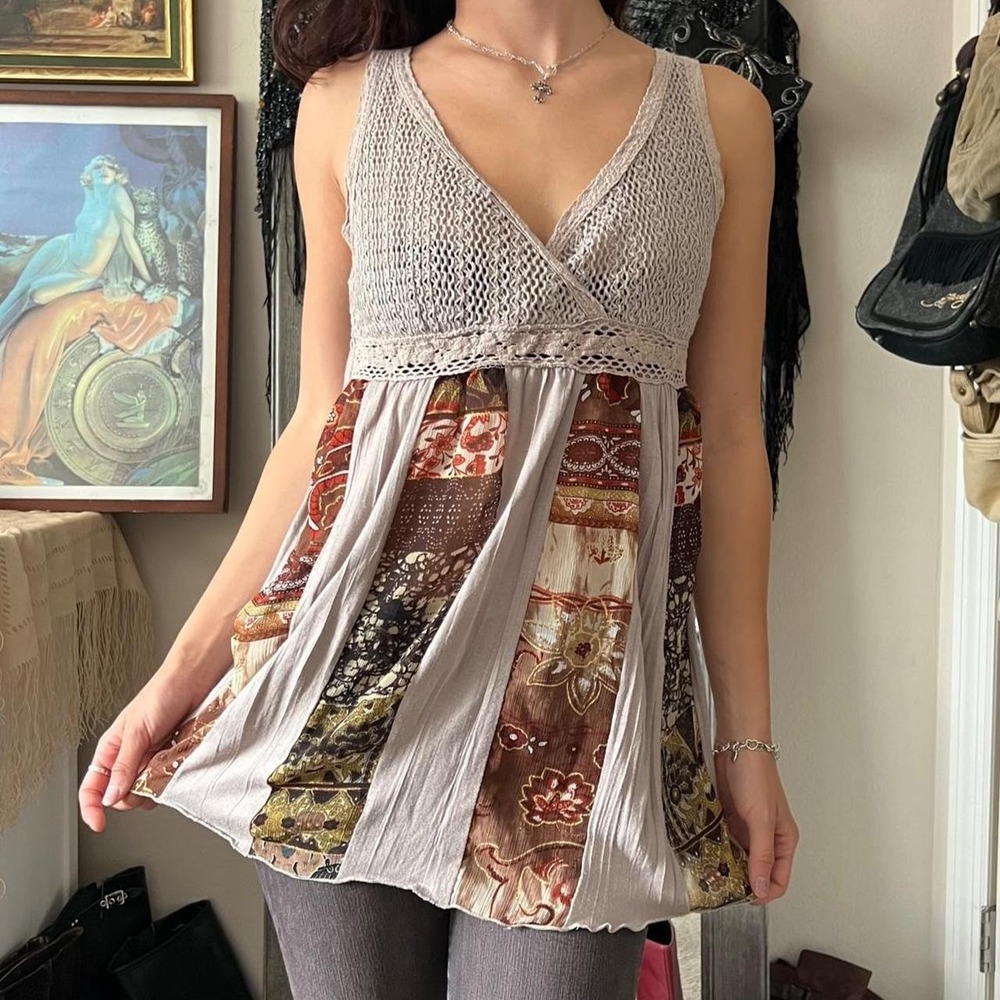vintage grey and brown Boho Crochet Tank Top Size Medium